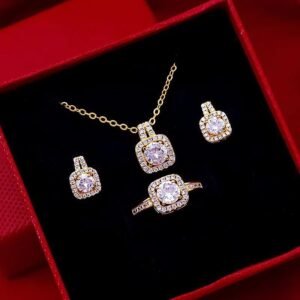 Parure de bijoux fantaisie : pendentif en zircon, collier ras-du-cou, boucles d'oreilles à clous couleur or, bague de mariage originale