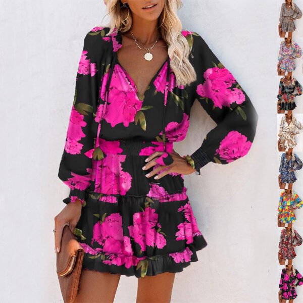 Robe à manches longues à imprimé floral, robe tendance à manches bouffantes et effet patchwork, robes cintrées à la taille, vêtements pour femmes