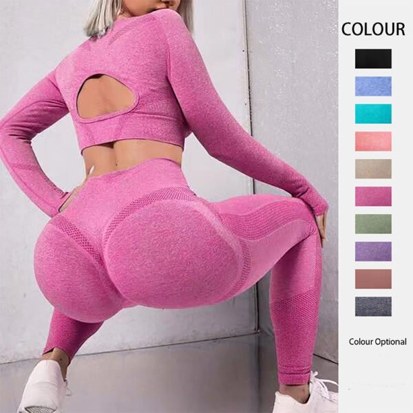 Lot de 2 tenues de sport : hauts à manches longues avec motif ajouré et leggings de fitness sans coutures à taille haute galbant les fesses – Tenues de sport pour la salle de sport
