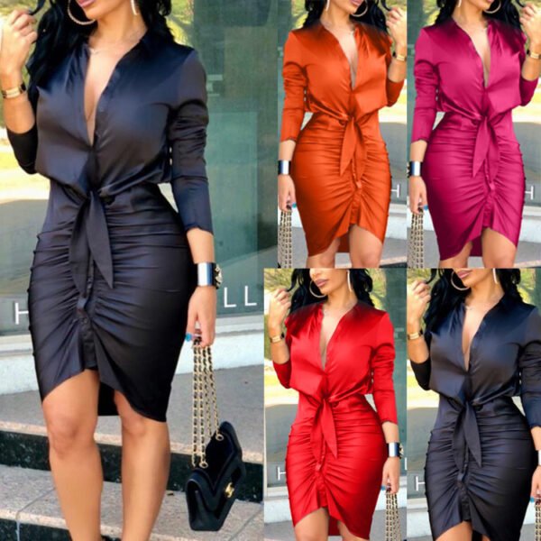 Robe-chemise midi à lacets pour femme, couleur unie, manches longues – Robe de soirée élégante et tendance