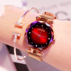 Montres pour femme en or rose : montre tendance à diamants pour femme, modèle « ciel étoilé » à aimant, étanche