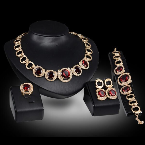 Accessoires de mariage pour la mariée : collier, boucles d'oreilles et bague avec pendentif en zircon de couleur or, vert et rouge – Parures de bijoux de mariage pour femme
