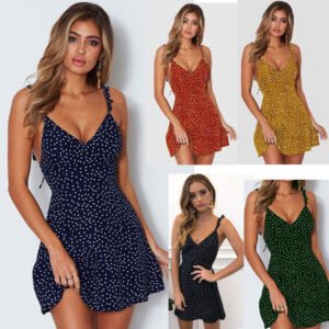 Robe à bretelles à pois pour femme – Mode estivale – Robe de plage