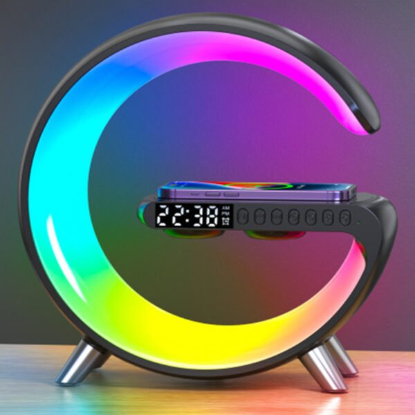 Nouvelle lampe LED intelligente en forme de G avec haut-parleur Bluetooth, chargeur sans fil et fonction d'ambiance, contrôlable via une application, pour chambre à coucher et décoration d'intérieur