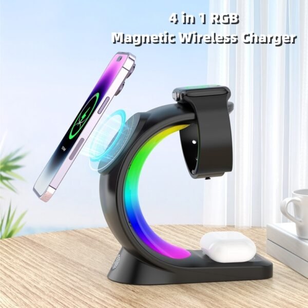 Chargeur sans fil magnétique 4 en 1 à recharge rapide pour smartphone ; station de recharge d'ambiance pour AirPods Pro, iPhone et Apple Watch