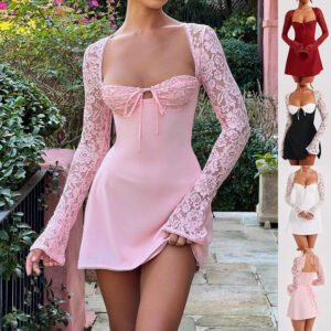 Y2K  Robe à manches longues en dentelle, robe courte sexy à la mode avec dos nu et laçage, vêtements pour femmes