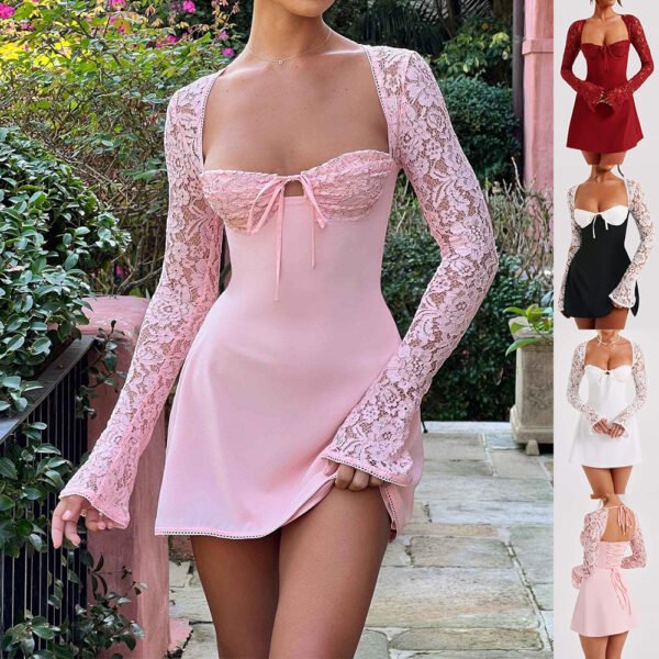 Y2K  Robe à manches longues en dentelle, robe courte sexy à la mode avec dos nu et laçage, vêtements pour femmes