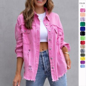 Veste-chemise déchirée tendance pour femme – Hauts décontractés pour l'automne et le printemps – Vêtements pour femmes