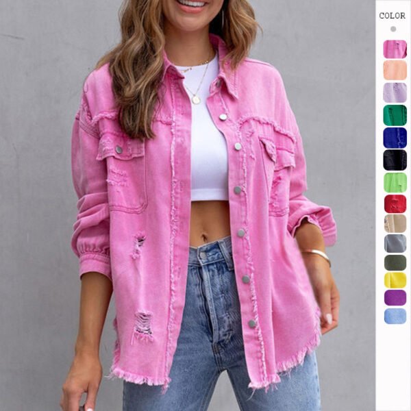 Veste-chemise déchirée tendance pour femme – Hauts décontractés pour l'automne et le printemps – Vêtements pour femmes