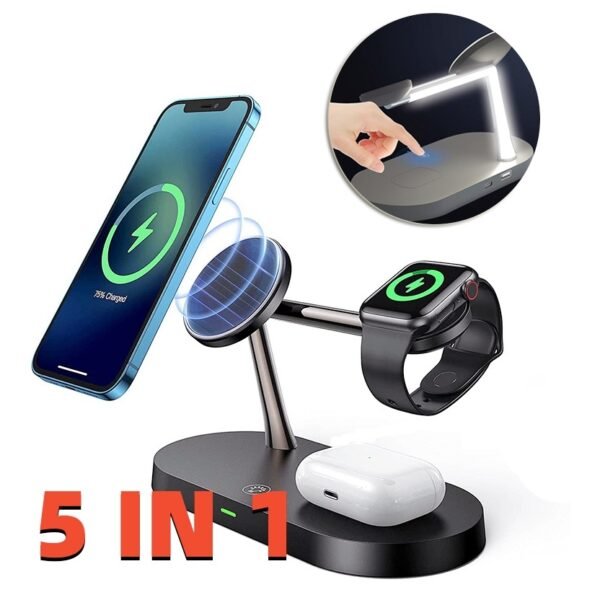 Support multifonctionnel 5-en-1 magnétique pour montre, écouteurs, ordinateur de bureau et téléphone portable avec chargeur sans fil et recharge rapide 15 W