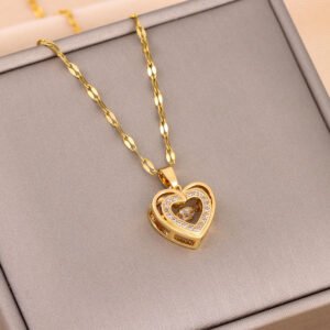 Collier « Love » à double rangée avec pendentif en acier au titane orné de strass – Bijou fantaisie pour femme – Cadeau pour la Saint-Valentin