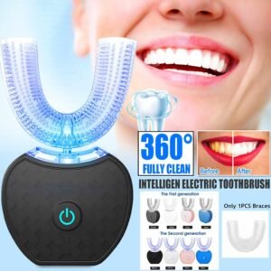 Brosse à dents électrique automatique intelligente à 360 degrés, étanche, de type U, avec lumière bleue blanchissante et recharge USB