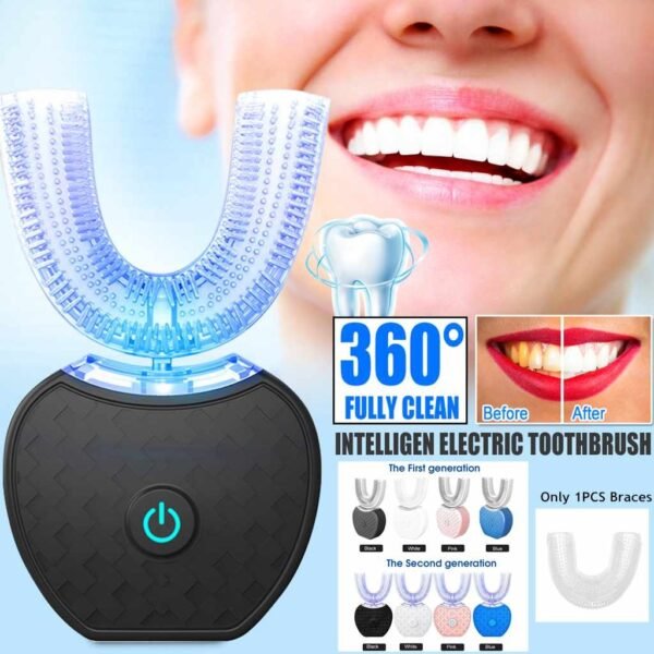 Brosse à dents électrique automatique intelligente à 360 degrés, étanche, de type U, avec lumière bleue blanchissante et recharge USB