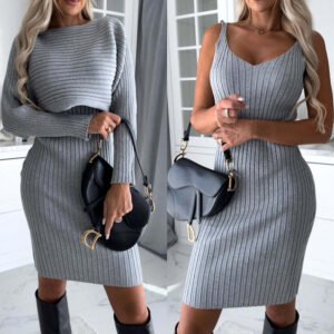 Ensemble 2 pièces pour femme : haut à manches longues uni ou rayé et jupe moulante à bretelles – Vêtements tendance automne-hiver pour silhouette élancée