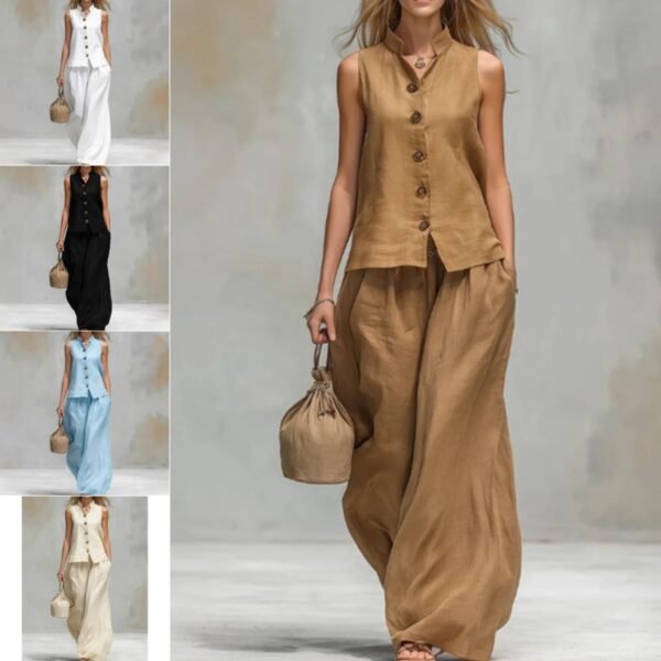 Ensemble décontracté deux pièces composé d'un gilet sans manches à col montant et d'un pantalon assorti - Ensemble deux pièces d'été pour femme : gilet et pantalon