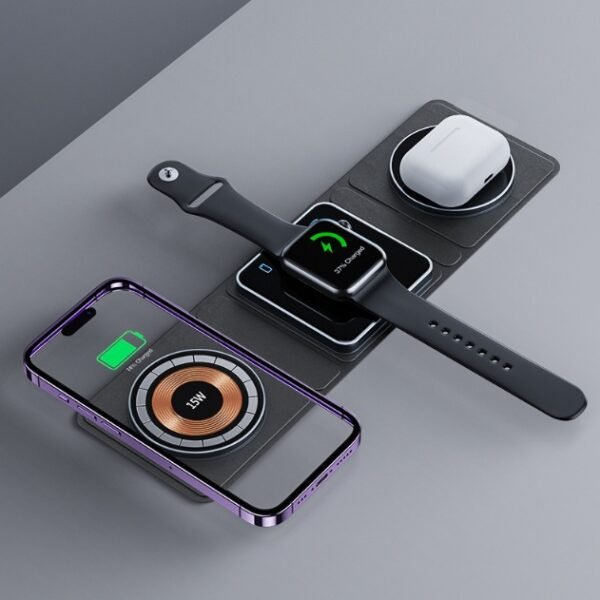Station de recharge sans fil magnétique pliable 3 en 1 pour iPhone, transparente, avec recharge rapide pour Apple Watch et AirPods