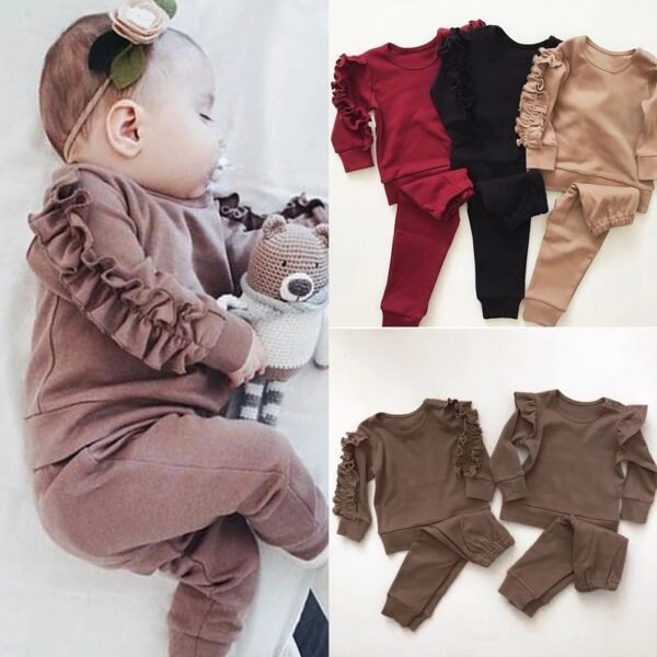 Ensembles 2 pièces pour bébés et enfants : pulls à volants, t-shirts unis à manches longues, pantalons, vêtements d'automne pour nouveau-nés (garçons et filles)